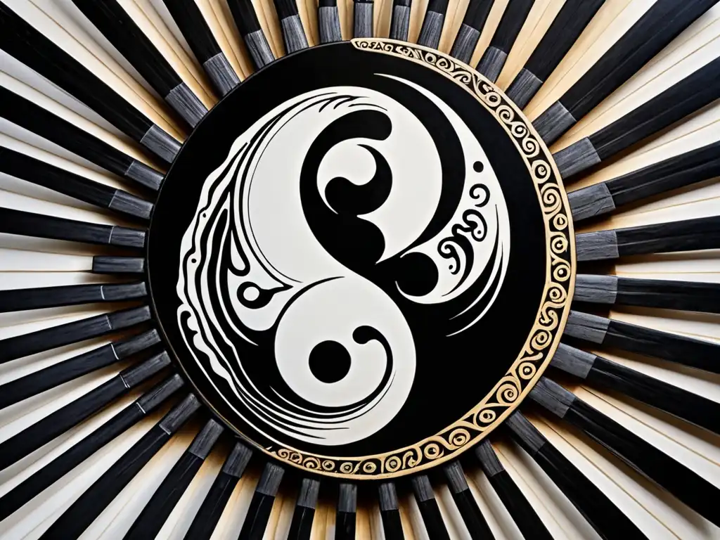 Un abanico chino grande con el símbolo yinyang pintado, mostrando equilibrio y dualidad
