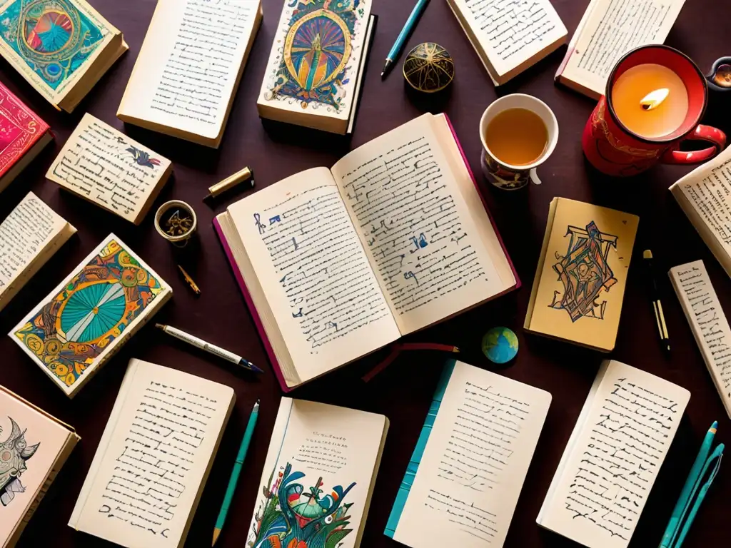 Acogedor escritorio de autor con notas manuscritas sobre personajes mitológicos en novelas, bañado en cálida luz natural