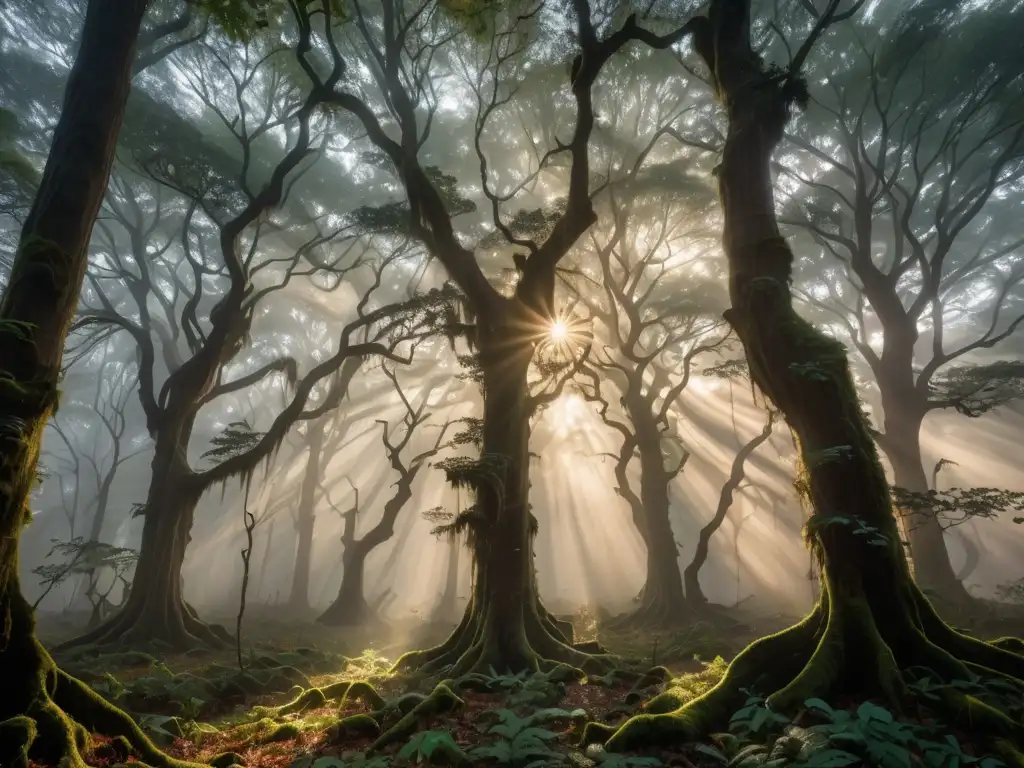Sílfides, espíritus del aire misteriosos danzan entre los árboles cubiertos de niebla al amanecer, creando una atmósfera etérea y mágica