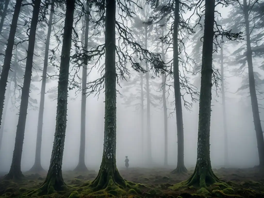 Sílfides, espíritus del aire misteriosos danzando entre la densa niebla sobre un paisaje etéreo y misterioso