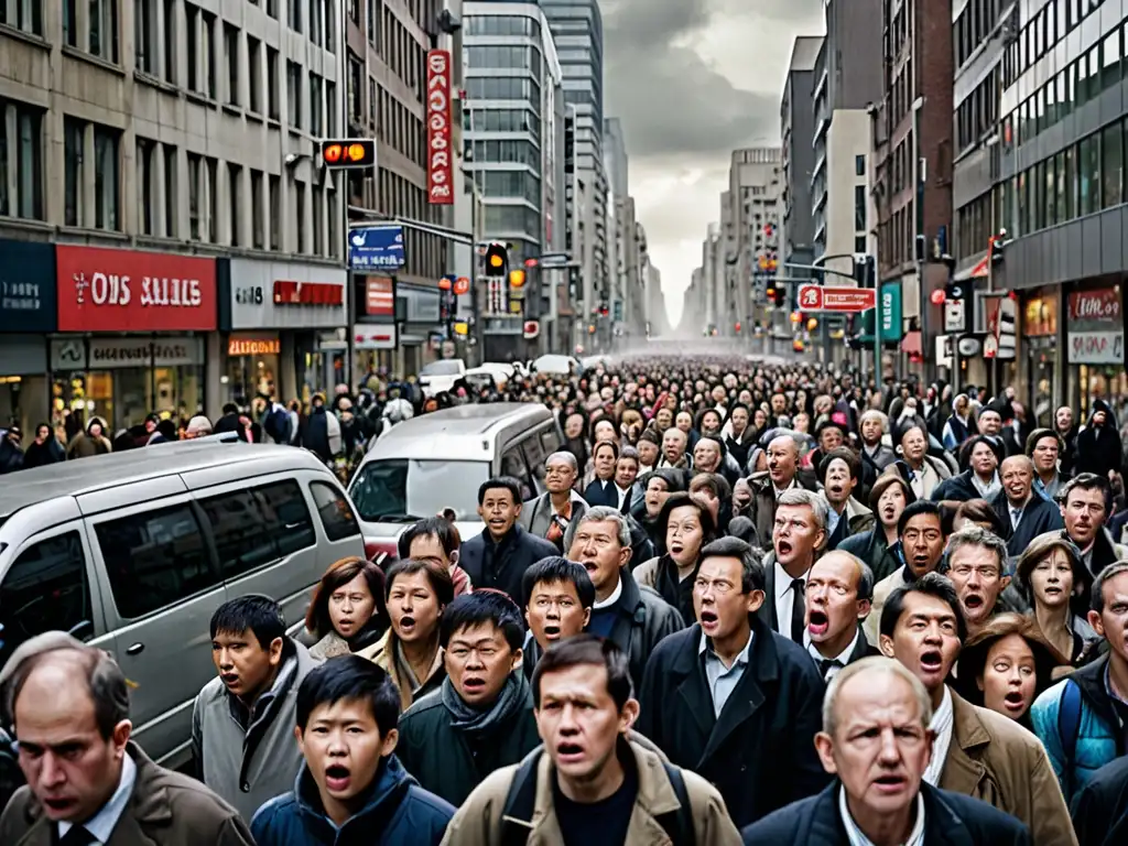 Una ajetreada calle de ciudad con personas ansiosas y expresiones preocupadas, bajo un cielo encapotado que añade un sentido de inminente apocalipsis