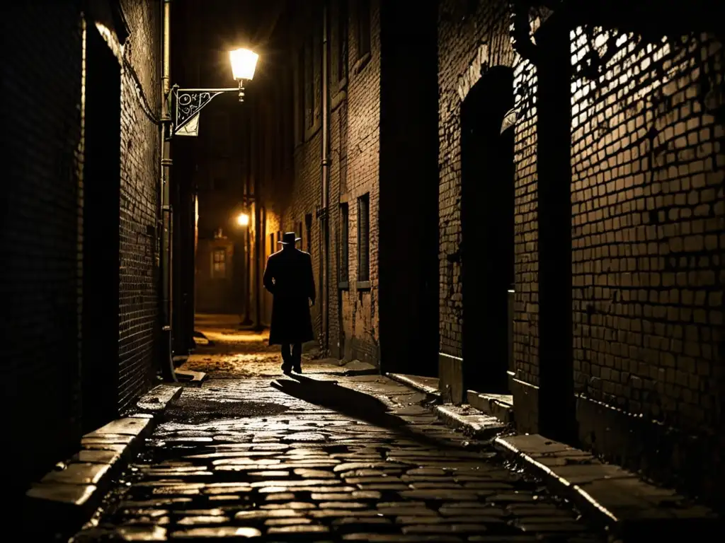 Silueta misteriosa en callejón oscuro: suspenso y misterio urbano Alleyway sombría con figura misteriosa entre leyendas y mitos urbanos