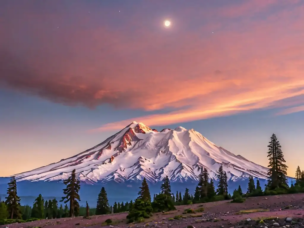 Un amanecer impresionante en el Monte Shasta, con Seres de Luz Intraterrenos, hikers y paisaje místico