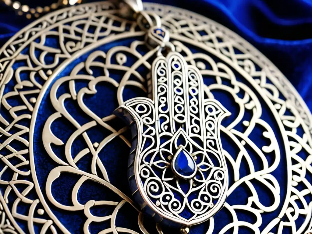 Un amuleto protector Mano de Fátima de plata, grabado con patrones islámicos, suspendido sobre terciopelo azul real