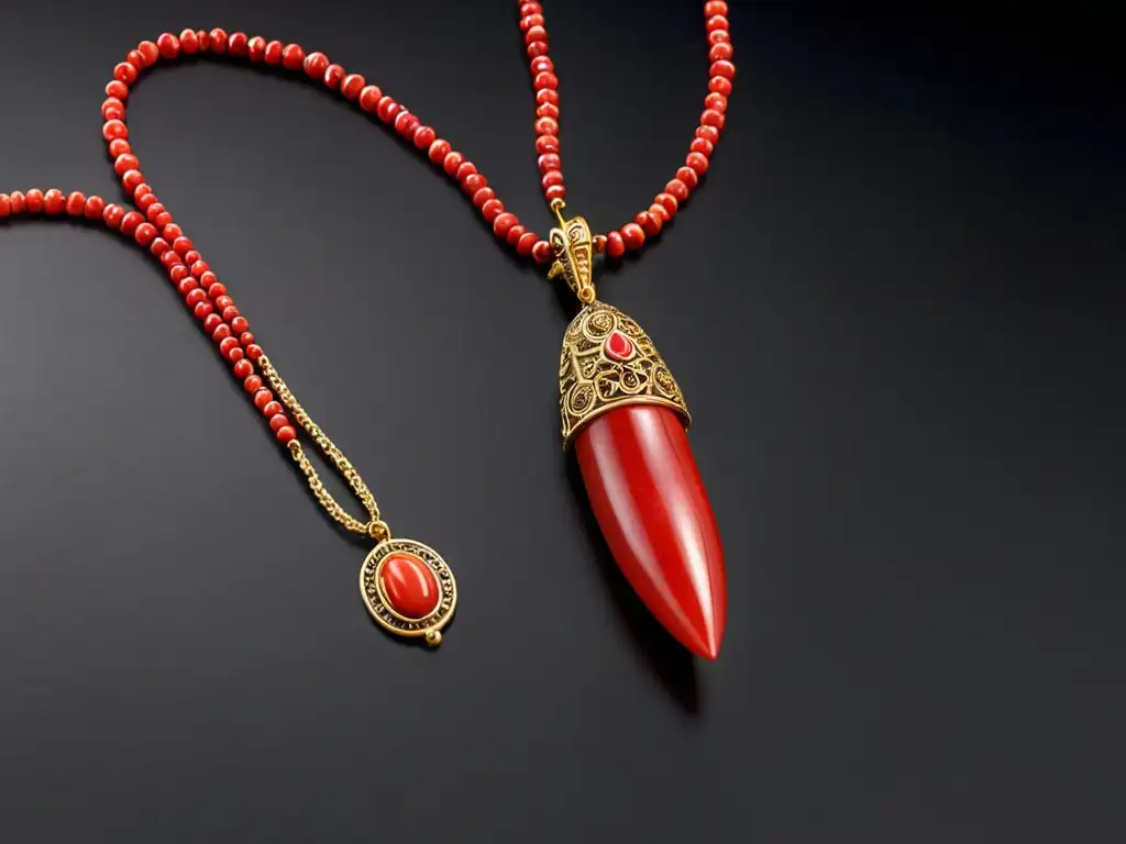 Un amuleto tradicional italiano, el cornicello de coral rojo, cuelga de una cadena dorada