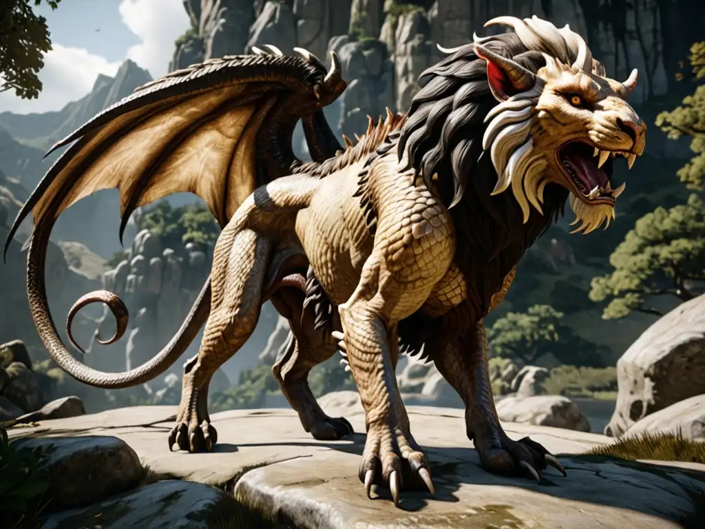 Análisis mitológico de Dragon's Dogma: Chimera mítica en pose dinámica, en entorno natural
