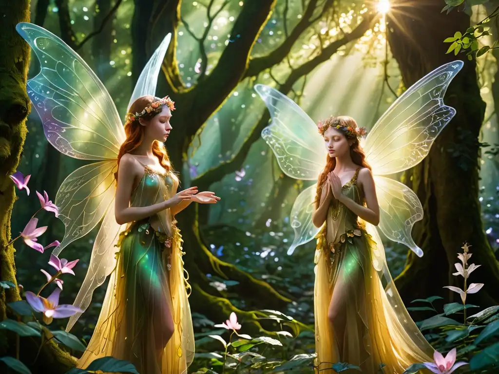 En el bosque ancestral, hadas deidades menores danzan entre la niebla, iluminadas por la luz dorada