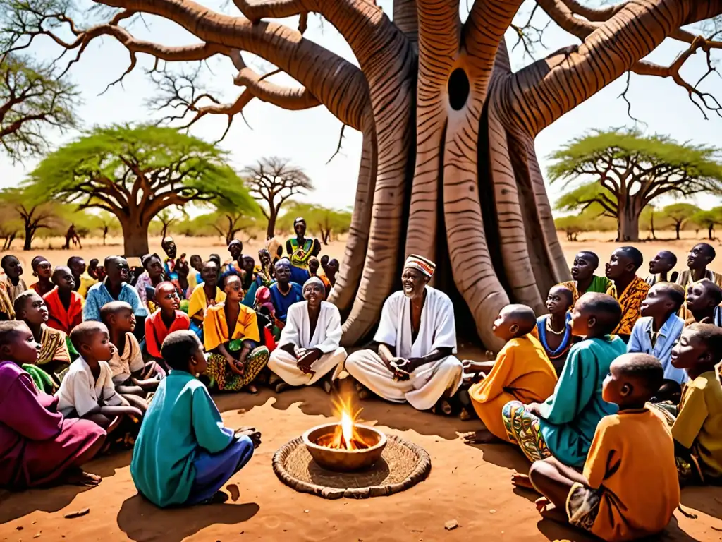 Un anciano cuentacuentos africano bajo un baobab, iluminado por el fuego, cautiva a su audiencia con relatos de la mitología africana