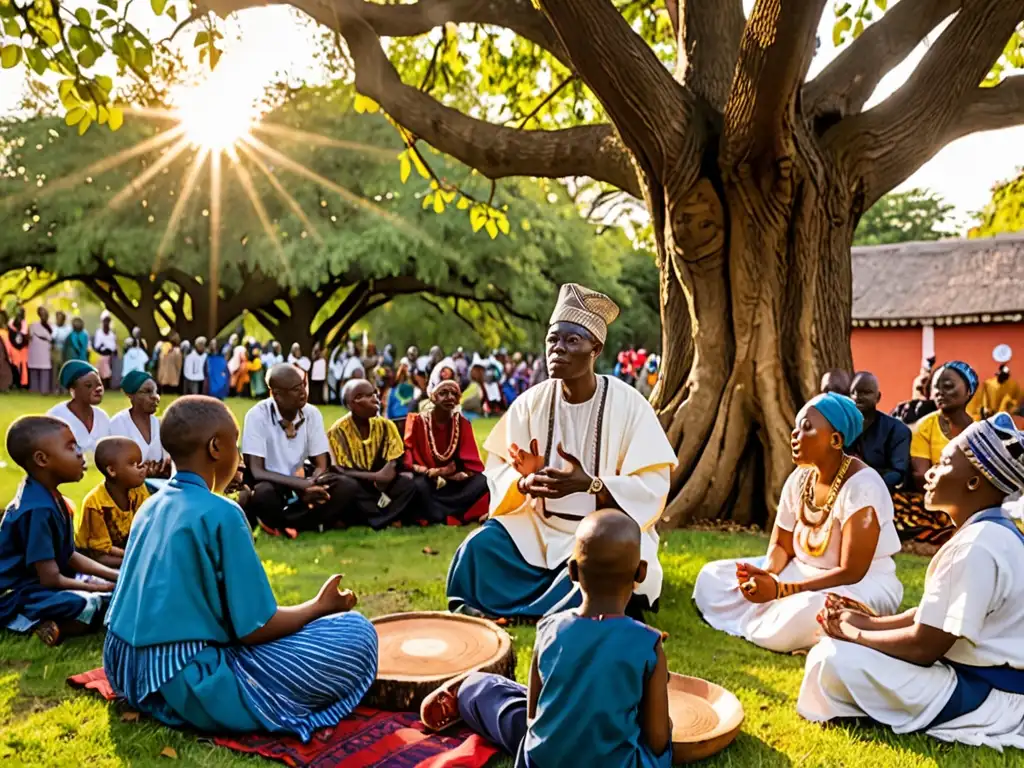 Un anciano cuentacuentos Yoruba bajo un árbol, cautivando a su audiencia con gestos y relatos mientras la luz dorada del atardecer brilla