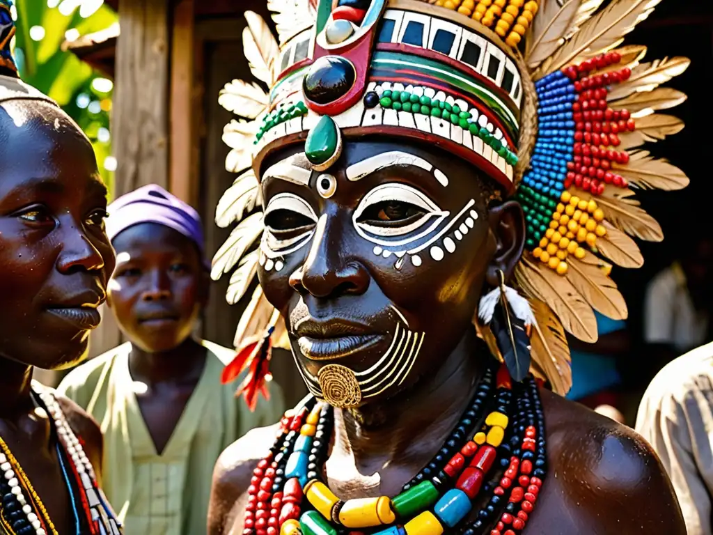 Un anciano Yoruba sostiene una máscara tallada con detalles coloridos, rodeado de niños escuchando cuentos de Ifá