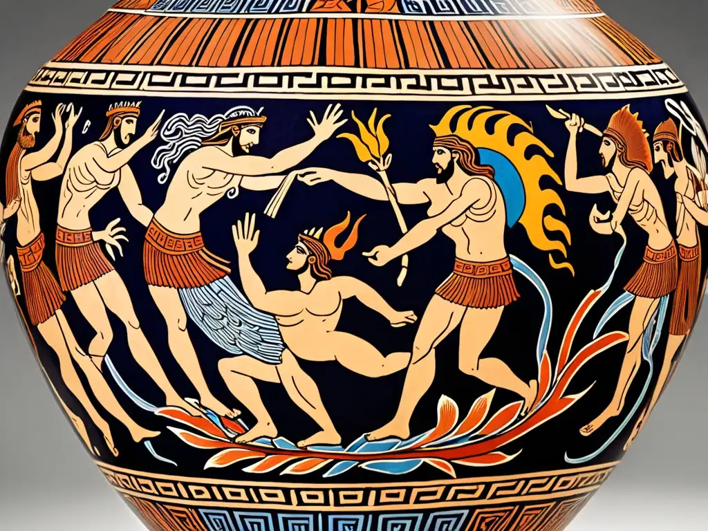 Una antigua ánfora griega ilustrada con la historia de Prometeo desafiando a los dioses