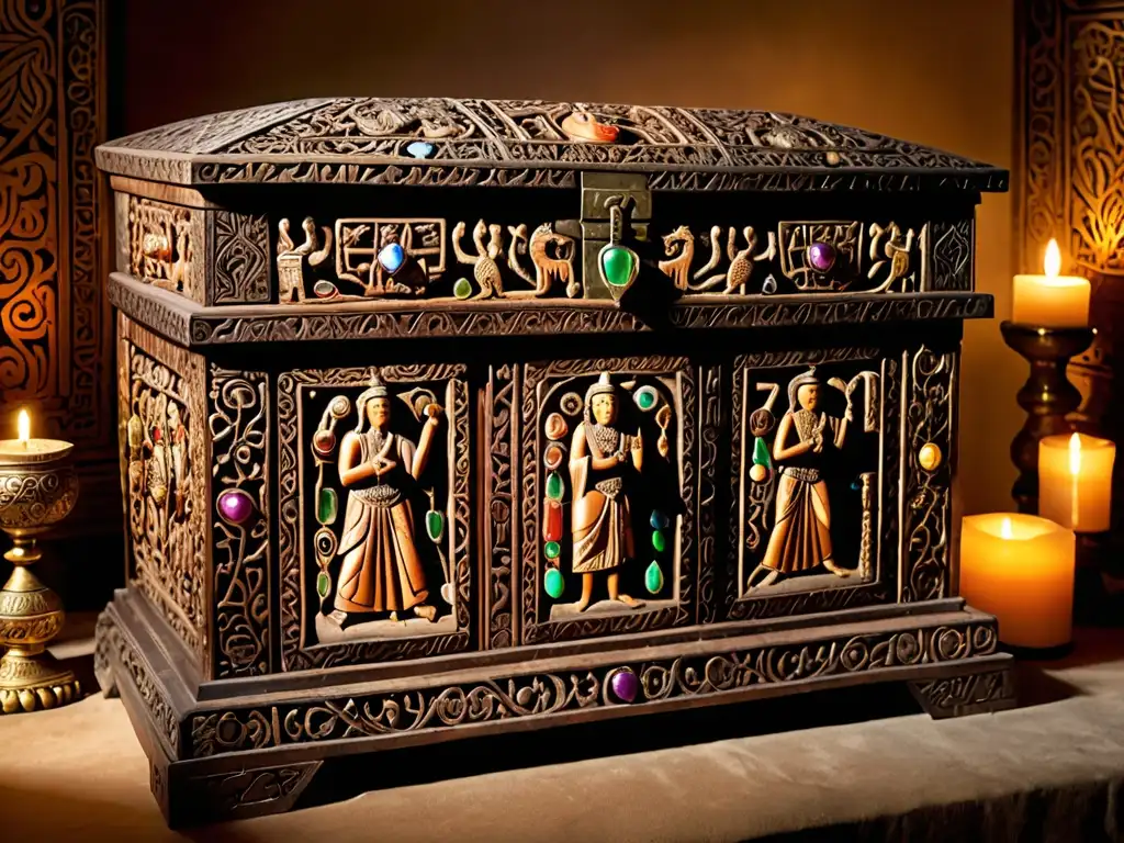 Antigua caja decorada con gemas y tallas, iluminada por velas, evocando los tesoros y leyendas de los Reyes Magos