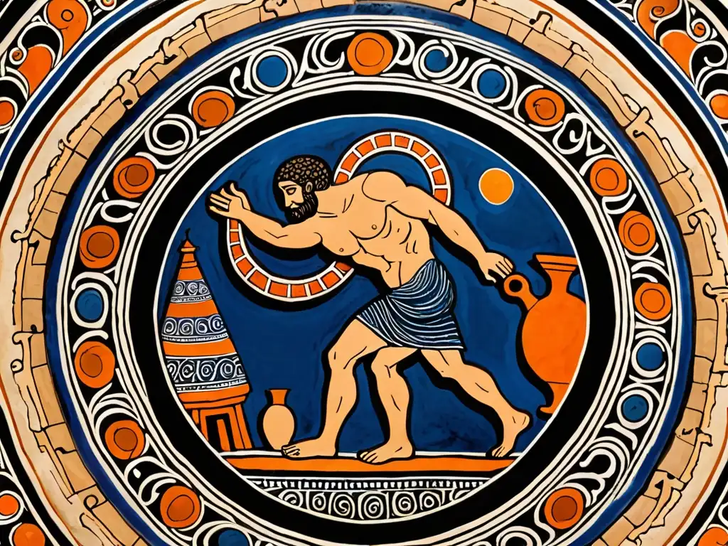 Antigua cerámica griega representa el mito de Sísifo, con dioses observando desde el cielo