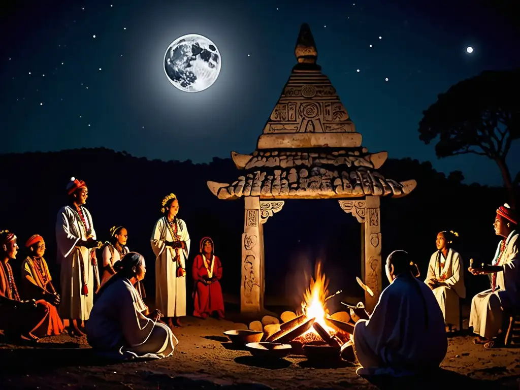 Ritual ancestral de fertilidad lunar: danzas y ofrendas bajo la luna llena Antigua ceremonia de fertilidad lunar con simbolismo y tradición en un yacimiento arqueológico iluminado por antorchas