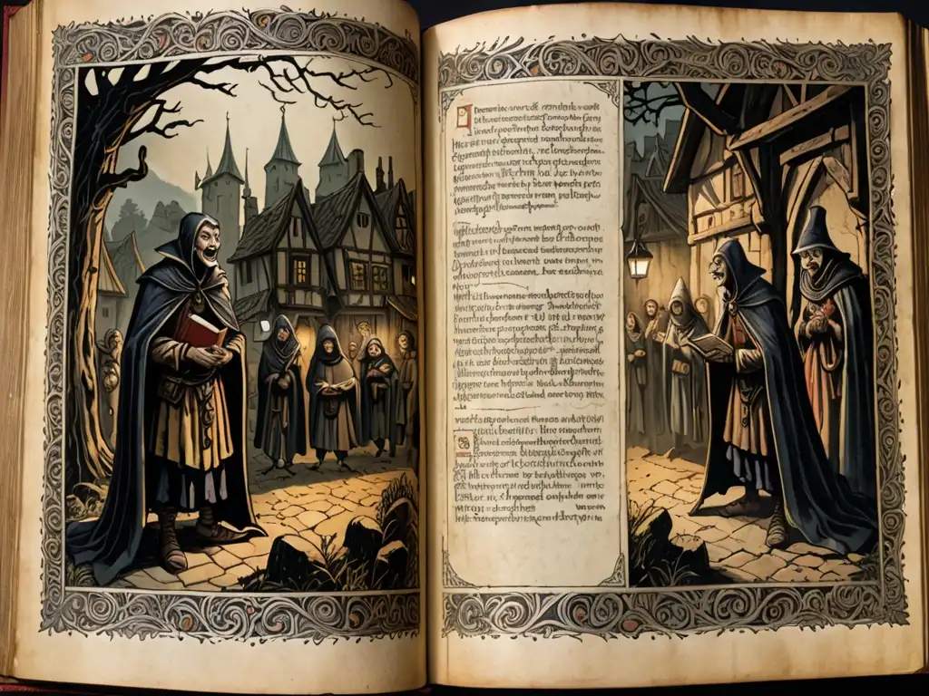 Una antigua y detallada ilustración de un libro con filigranas de plata, mostrando una escena de vampiros en un pueblo medieval