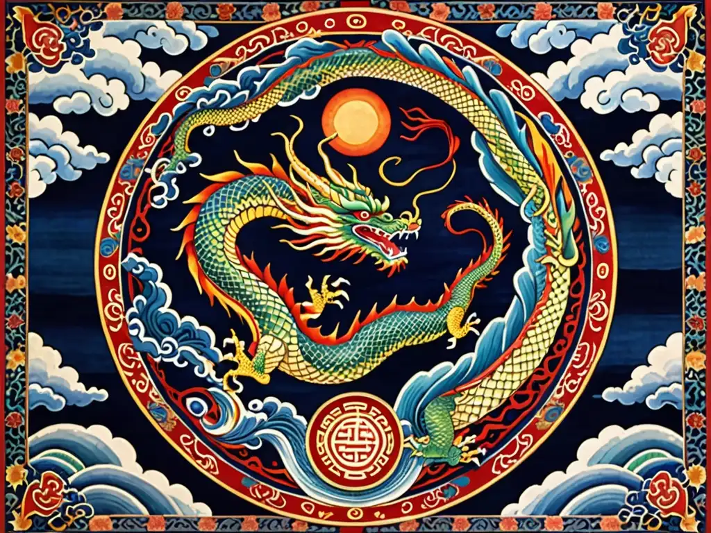 Una antigua y elaborada tapicería china muestra un vibrante dragón rodeando una esfera celestial, con nubes y olas intrincadas