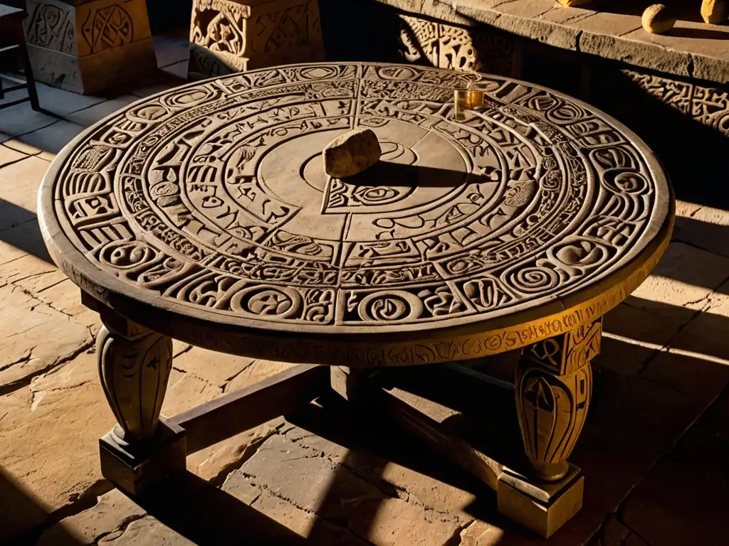 Una antigua y misteriosa mesa de piedra, bañada en luz dorada, rodeada de artefactos y pergaminos, evocando el mágico mundo de la Mesa de Salomón