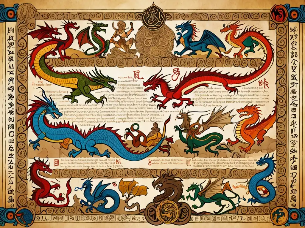 Antigua ilustración de un pergamino con criaturas míticas y héroes legendarios de diferentes culturas