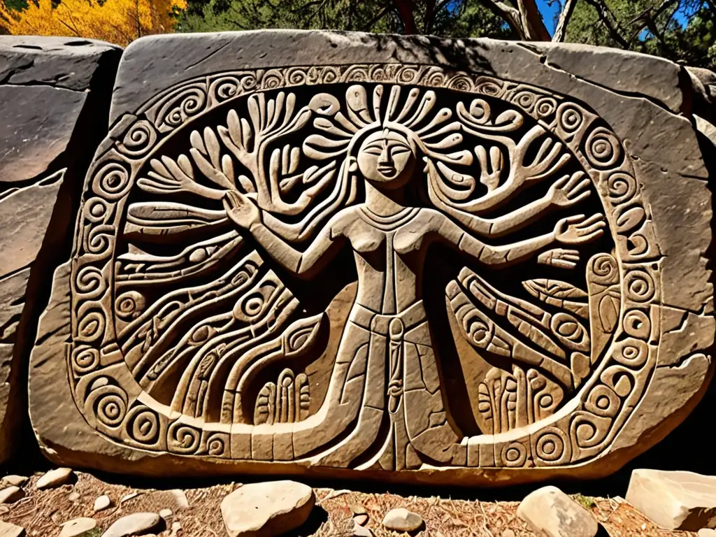 Espíritu de la naturaleza abrazando vida eterna en petroglifo antiguo Antigua petroglifo de un espíritu de la naturaleza abrazando árboles y animales, con simbolismo pagano y papel en rituales