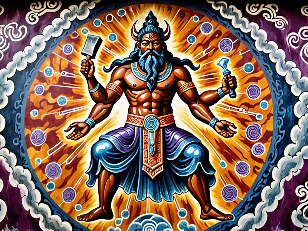 Antigua pintura mural en cueva remota representa al dios del trueno con martillo, rodeado de nubes tormentosas y relámpagos