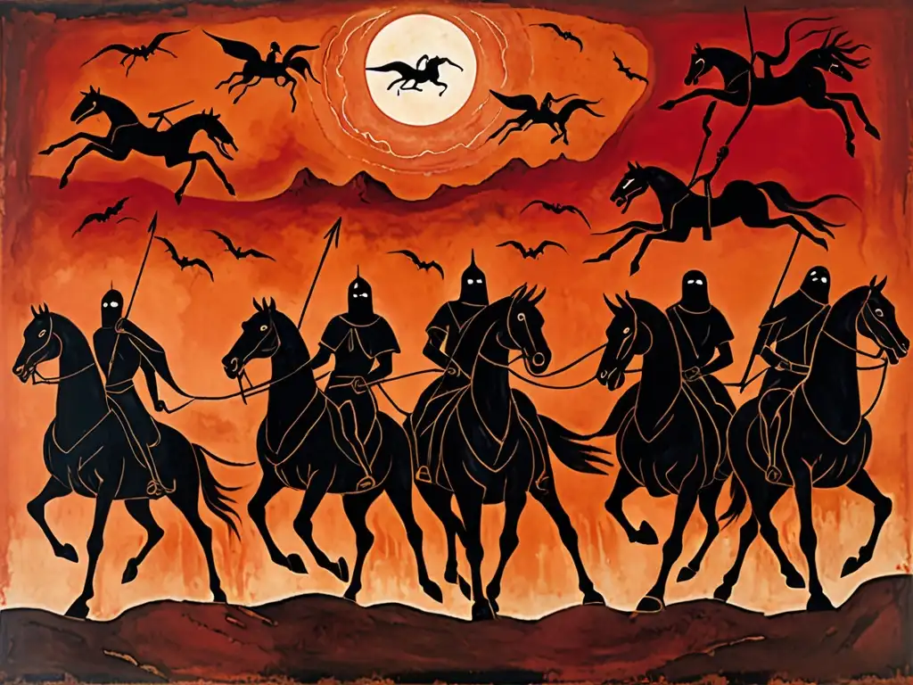 Antigua pintura rupestre: 4 jinetes en un cielo rojo sangre, simbolismo apocalíptico en mitos