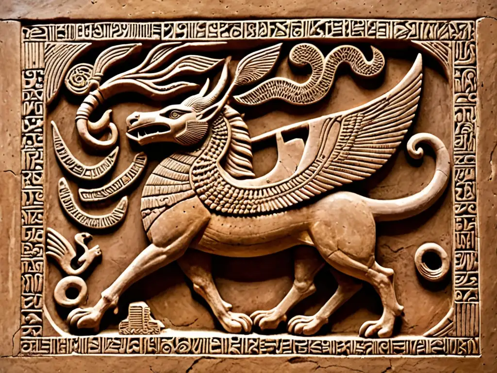 Antigua tablilla de arcilla con escritura cuneiforme, representando el mito de la creación mesopotámica y la deidad Marduk derrotando a Tiamat