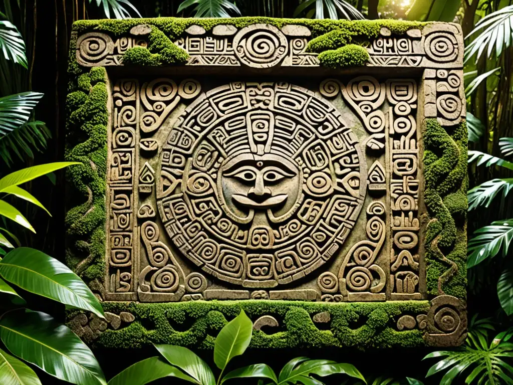 Antigua tablilla de piedra con símbolos polinesios de deidades de la palabra en mitos, cubierta de musgo, bañada por luz dorada en la selva exuberante