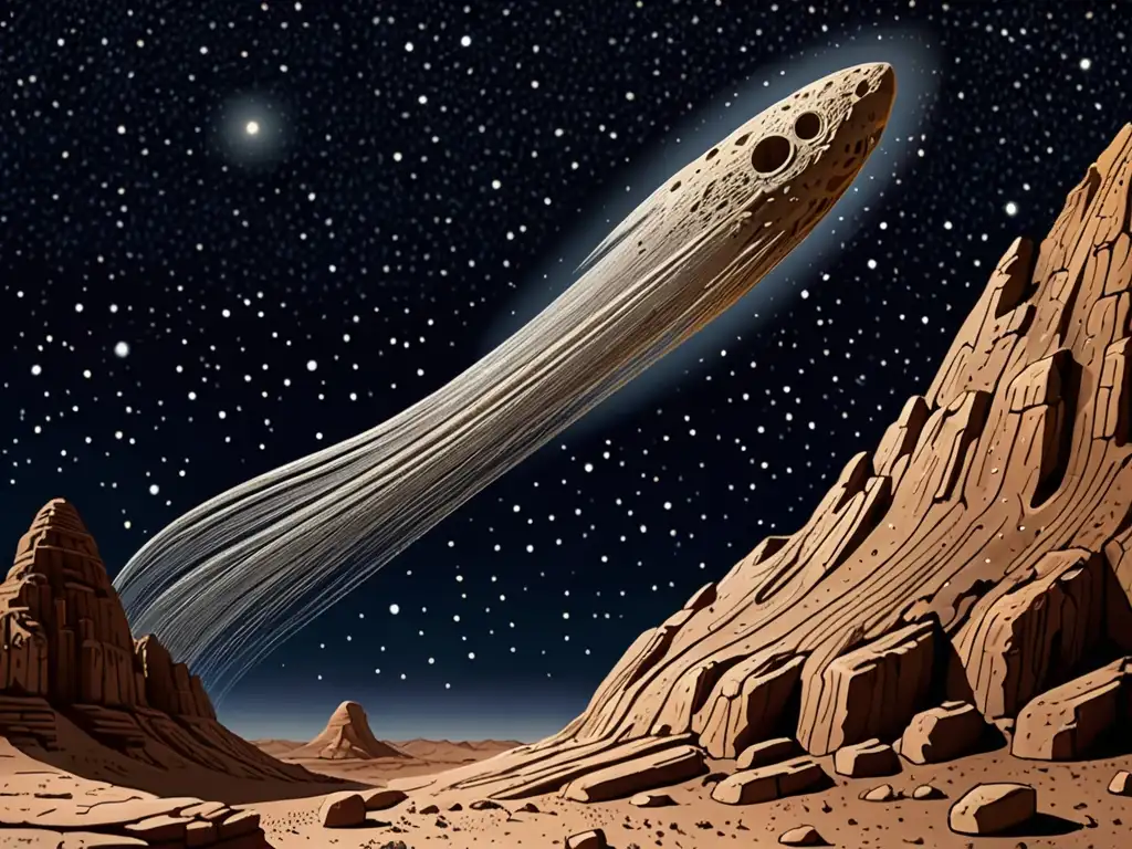 Antigua talla en piedra de un cometa surcando el cielo nocturno, con expresiones asombradas de la gente antigua