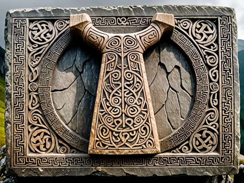 Una antigua talla vikinga del Mjolnir de Thor grabada en piedra, rodeada de un paisaje nórdico místico