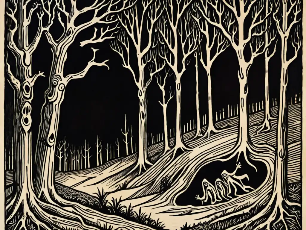 Antigua xilografía detallada del folklore de vampiros en el oscuro bosque