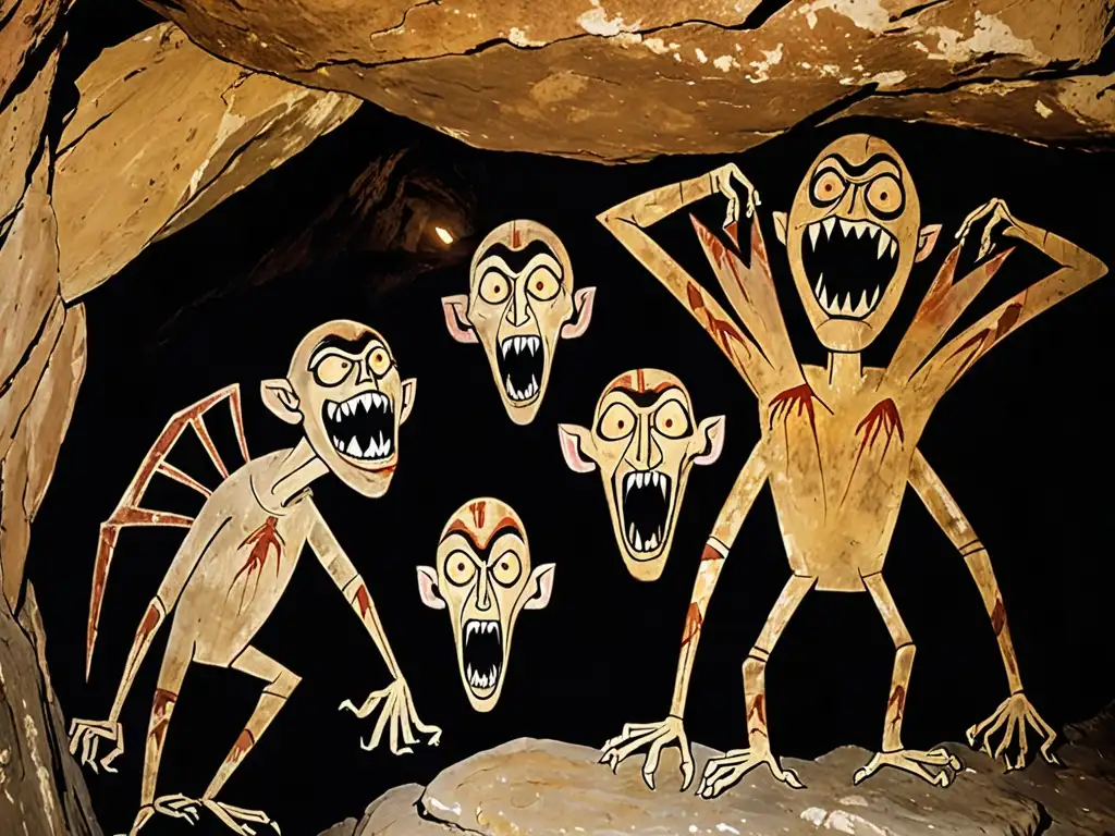 Antiguas pinturas rupestres muestran figuras vampíricas en una cueva, evocando miedo y misterio