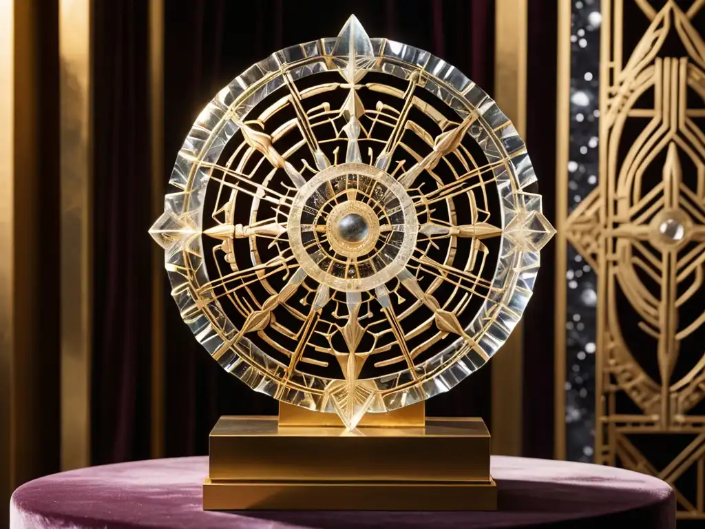 Un antiguo artefacto de cristal tallado se muestra en un pedestal de terciopelo, bañado en suave luz dorada