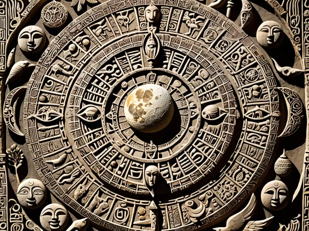 Calendario lunar antiguo: misterio y fertilidad Antiguo calendario lunar esculpido en piedra con simbolismo lunar, rituales y fertilidad, iluminado por la luz de la luna