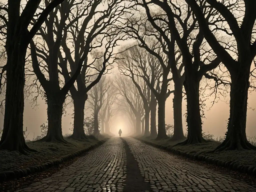 Un antiguo camino de piedra cubierto por la niebla, flanqueado por árboles centenarios