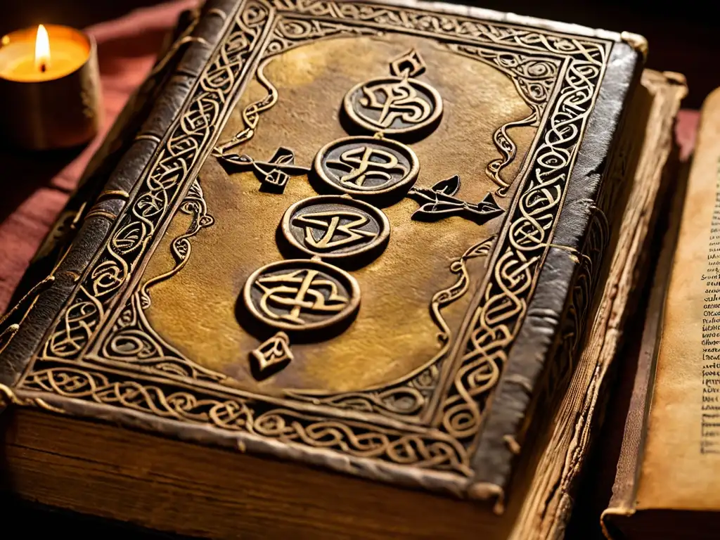 Un antiguo y misterioso tomo con inscripciones y runas, evocando exploración de mitos, leyendas, folklore y el mundo ancestral
