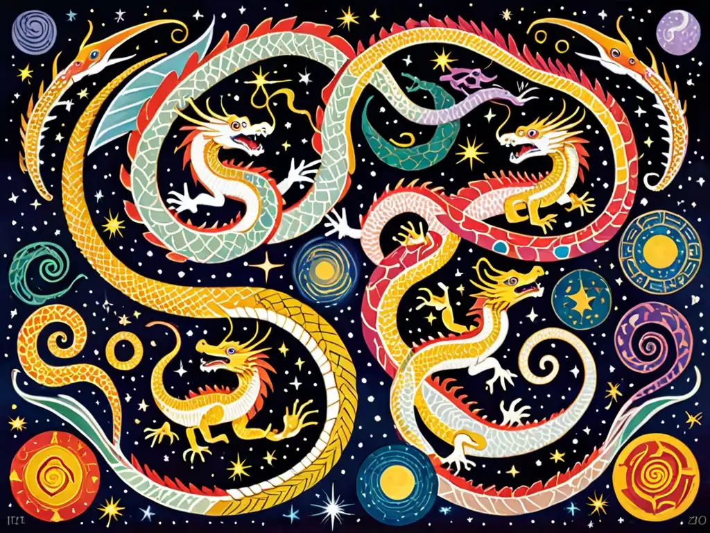 Antiguo mural con serpientes y dragones en un baile cósmico, vibrante y detallado, rodeado de estrellas y cuerpos celestiales