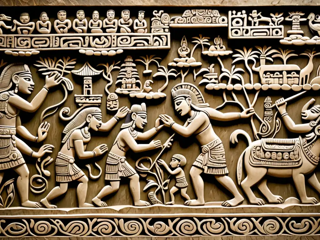 Antiguo relieve maya con escena de diluvio, personas y animales buscando refugio