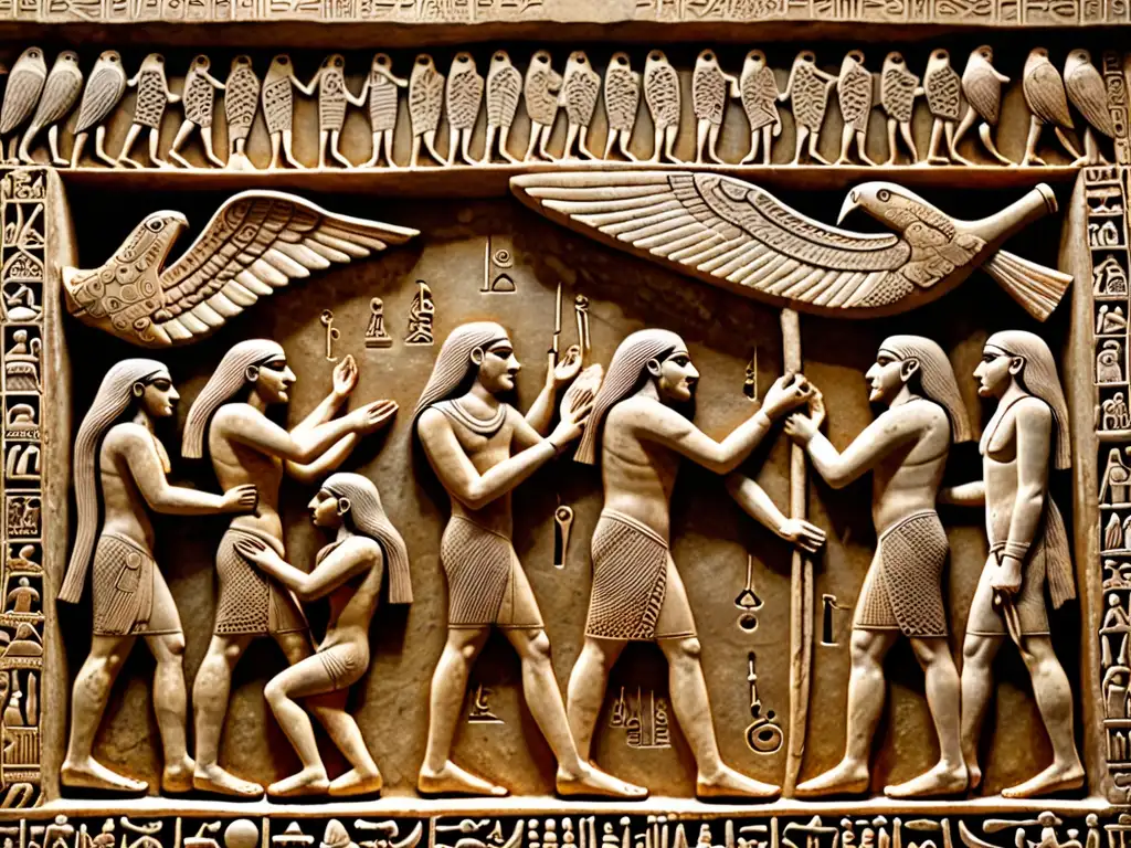 Relieve Mesopotámico del Más Allá: El Juicio del Alma Antiguo relieve mesopotámico: el alma es juzgada en el más allá por la Percepción del alma después muerte