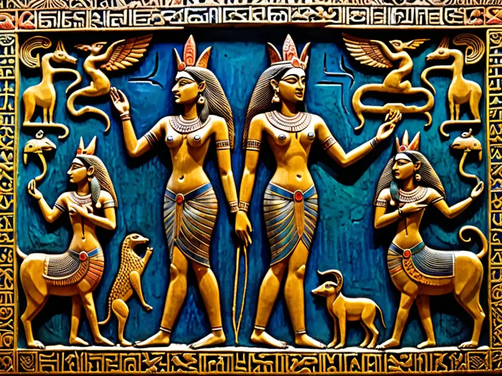Antiguo relieve sumerio de Inanna en su descenso al inframundo, rodeada de seres míticos en un escenario misterioso y poderoso