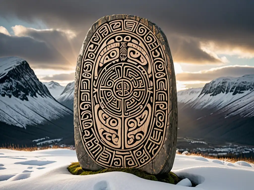 Un antiguo runestone de madera tallado con símbolos nórdicos, revela el significado oculto de las runas nórdicas entre montañas nevadas