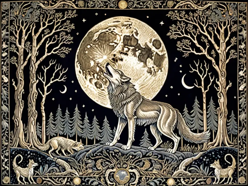 Un antiguo tapiz desgastado muestra la transformación de un hombre en lobo bajo la luna llena, rodeado de un bosque místico