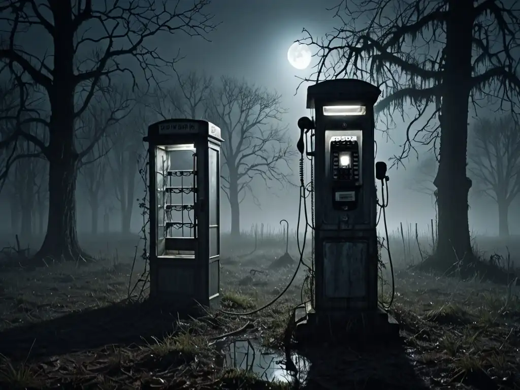 Un antiguo teléfono abandonado en un claro del bosque, cubierto de telarañas con una atmósfera misteriosa y fantasmal