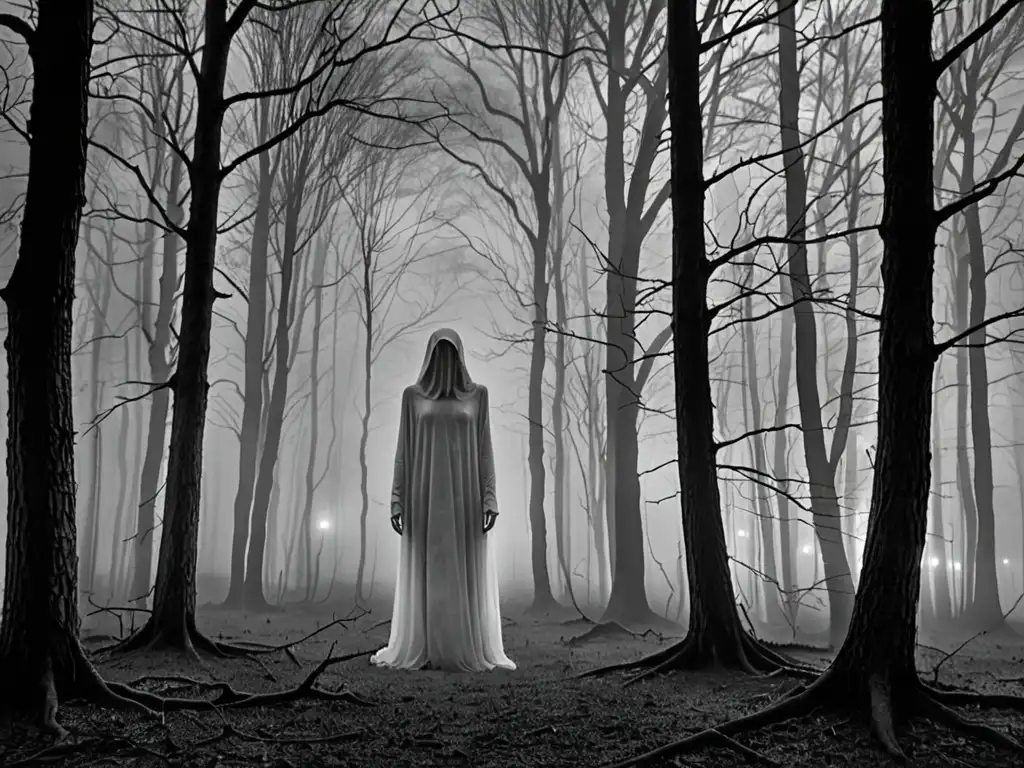 Apariciones de la Dama Blanca de Europa en un bosque brumoso y misterioso, su figura etérea se yergue entre los árboles, rodeada de niebla