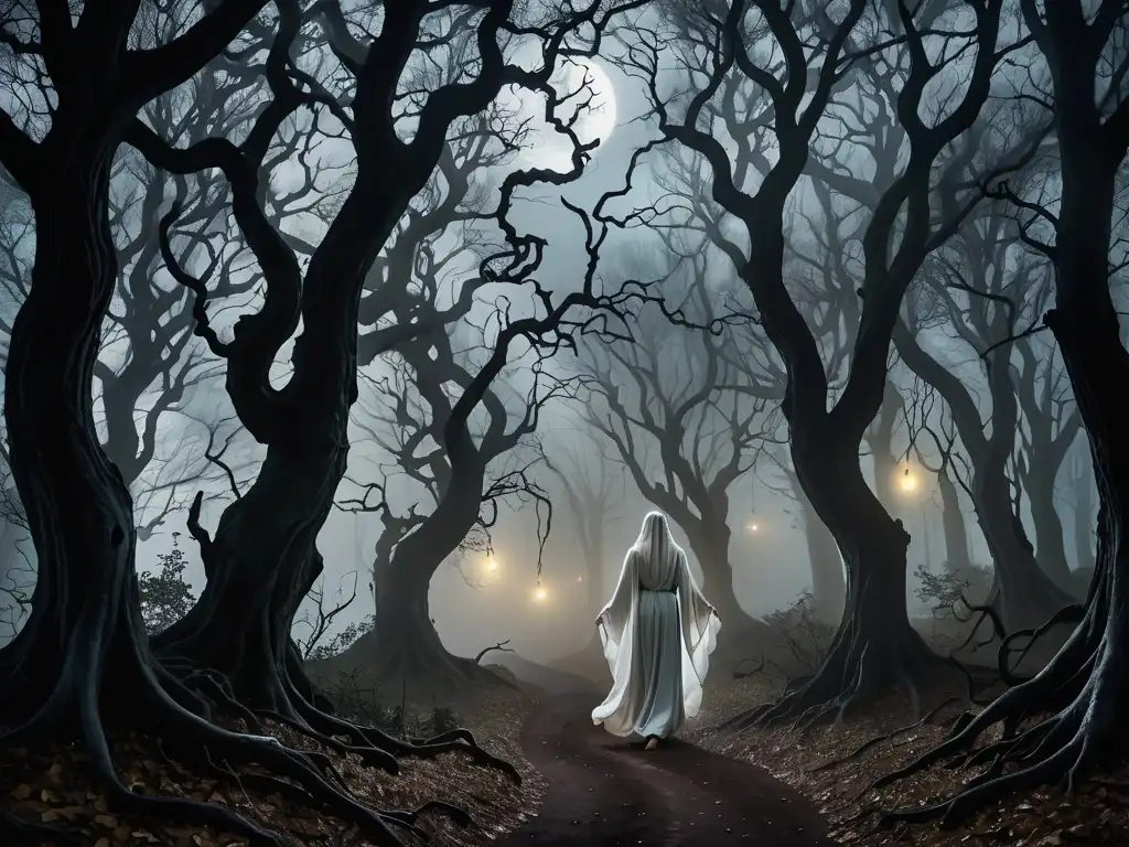 Apariciones de la Dama Blanca en un bosque neblinoso y lunar, su presencia etérea y misteriosa entre los árboles retorcidos
