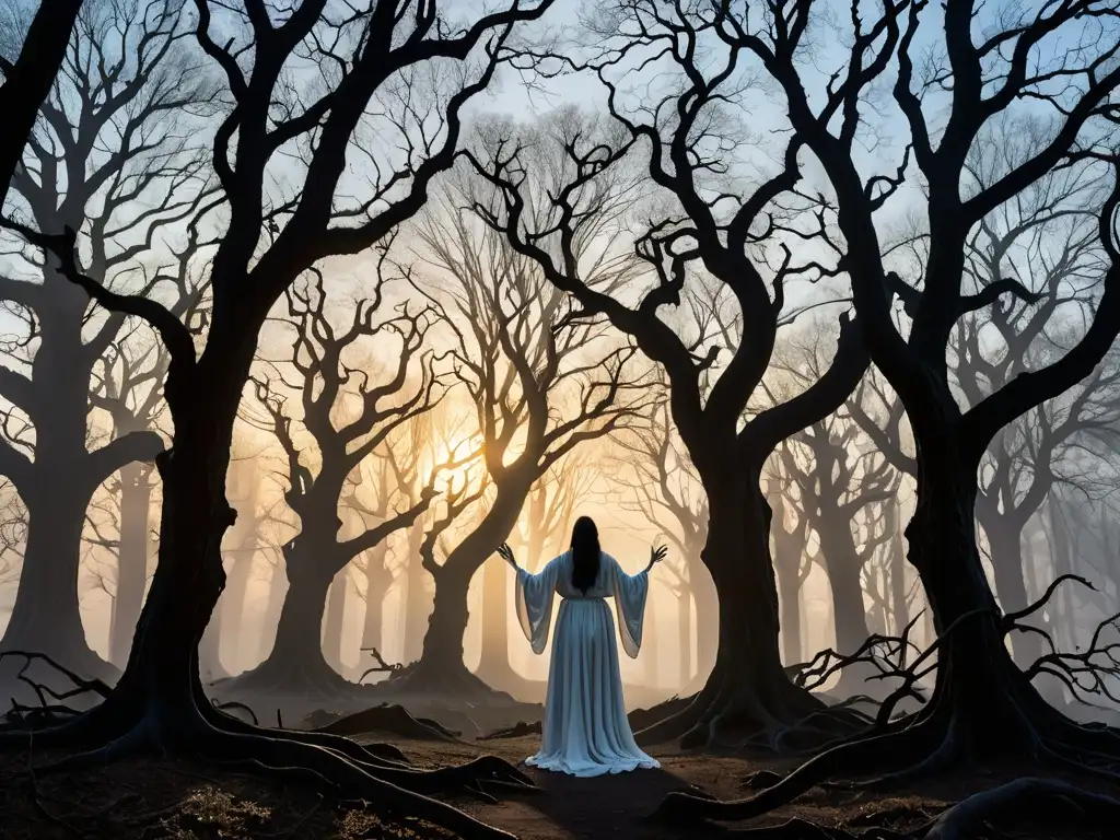 Apariciones de la Dama Blanca de Europa en un claro del bosque cubierto de niebla al amanecer, su figura etérea iluminada por un resplandor místico entre los árboles ancestrales