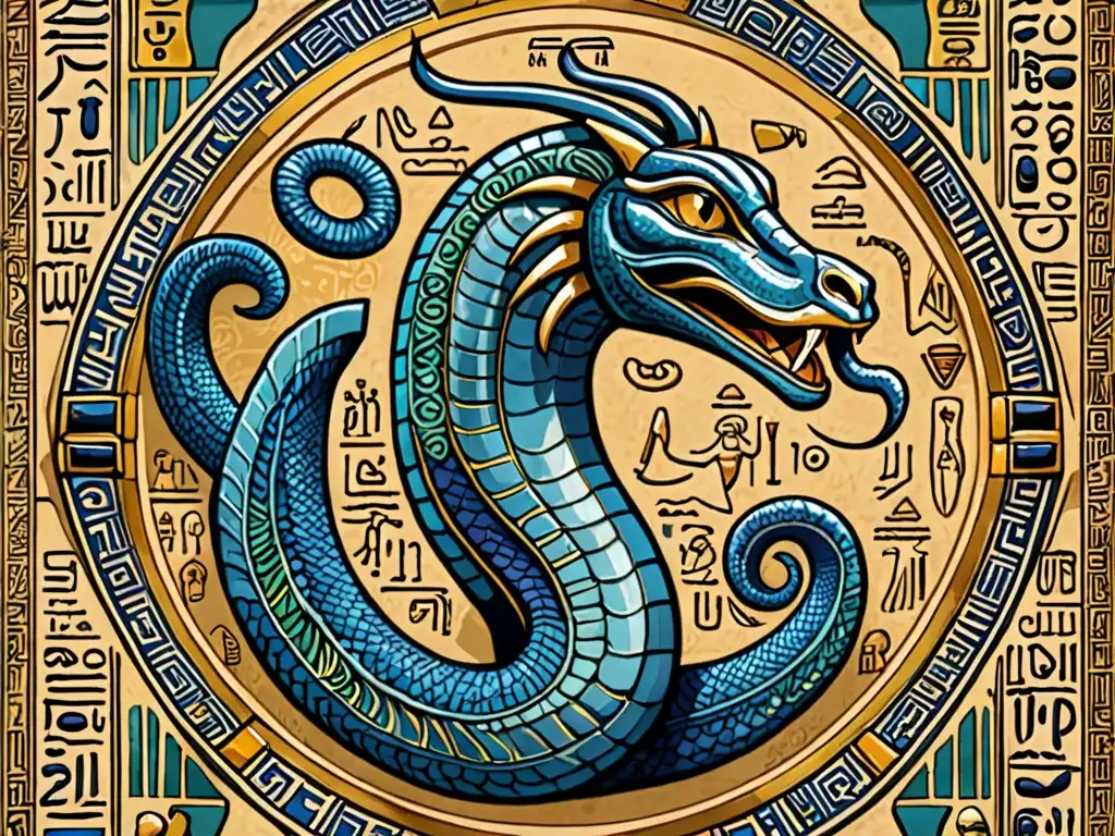 Apep en el panteón egipcio: Ilustración detallada del monstruoso dios serpiente emergiendo del Nilo con escamas, ojos amenazantes y jeroglíficos