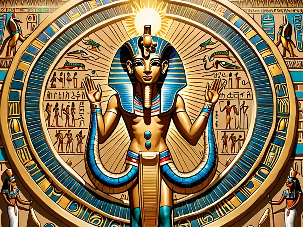 Apep en el panteón egipcio: Imagen de deidad serpiente Apep junto a dios sol Ra, en paisaje egipcio detallado y vibrante