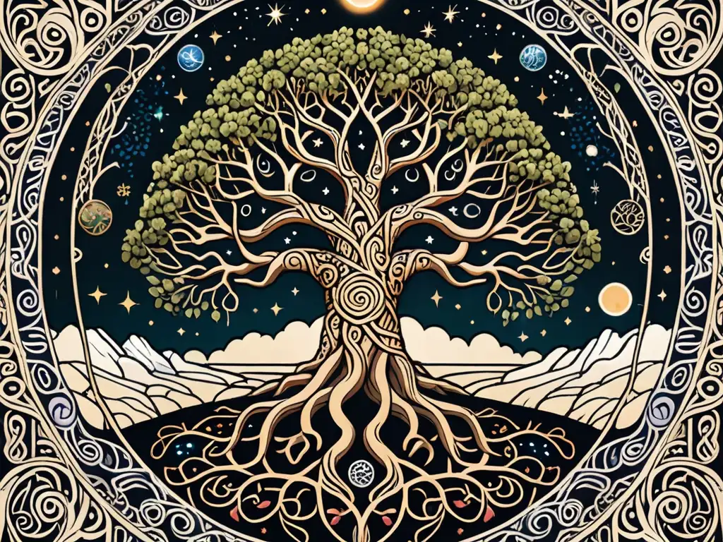 Yggdrasil: Árbol del mundo nórdico, conexión cósmica Yggdrasil, el Árbol del Mundo de la mitología nórdica, con conexiones cósmicas y raíces en la tierra, alcanzando el cielo con sus ramas