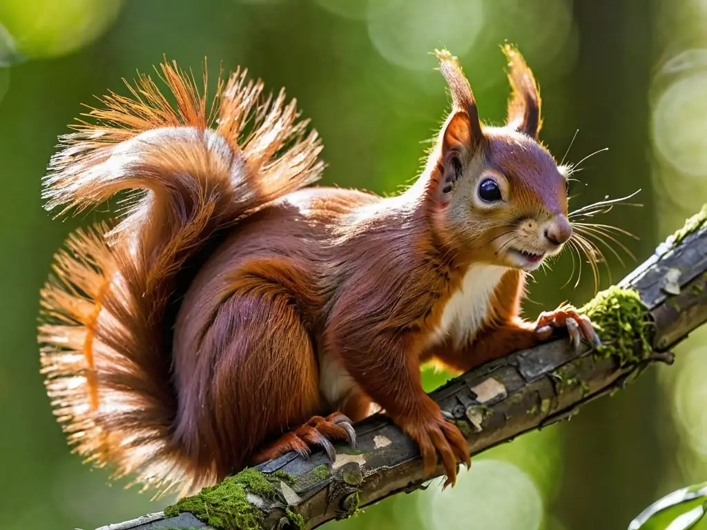Una ardilla mensajera de la mitología Yggdrasil, con su cola en arco, detallada y cautivadora en un bosque exuberante