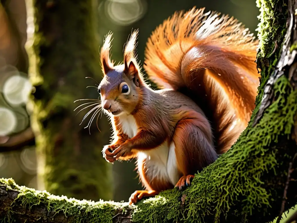 Una ardilla roja descansa en una rama cubierta de musgo, con su cola arqueada